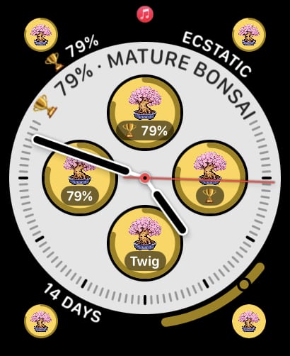 Apple Watch Infograph face with WatchieBesti pet complications in the corners and circles, curved labels showing the mood and activity
