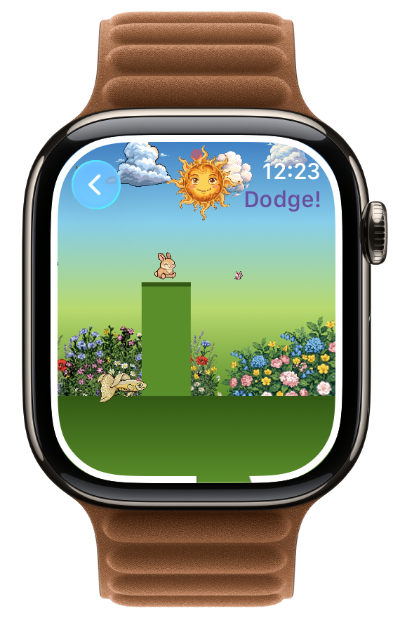 Besti Bounce gameplay showing a pet approaching a hill obstacle on Apple Watch
