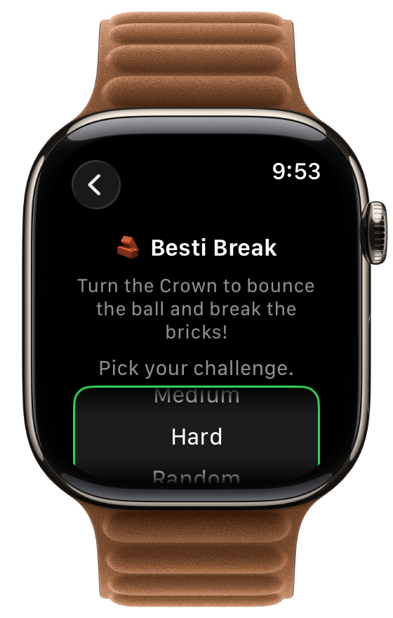 Besti Break menu on Apple Watch with Hard mode selected