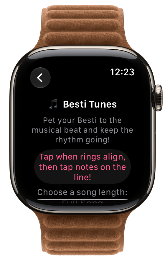 Besti Tunes start screen on Apple Watch, with the song length picker below
