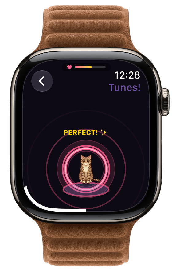 Besti Tunes Stage 1, pulse rings closing in around a tabby cat after a Perfect tap
