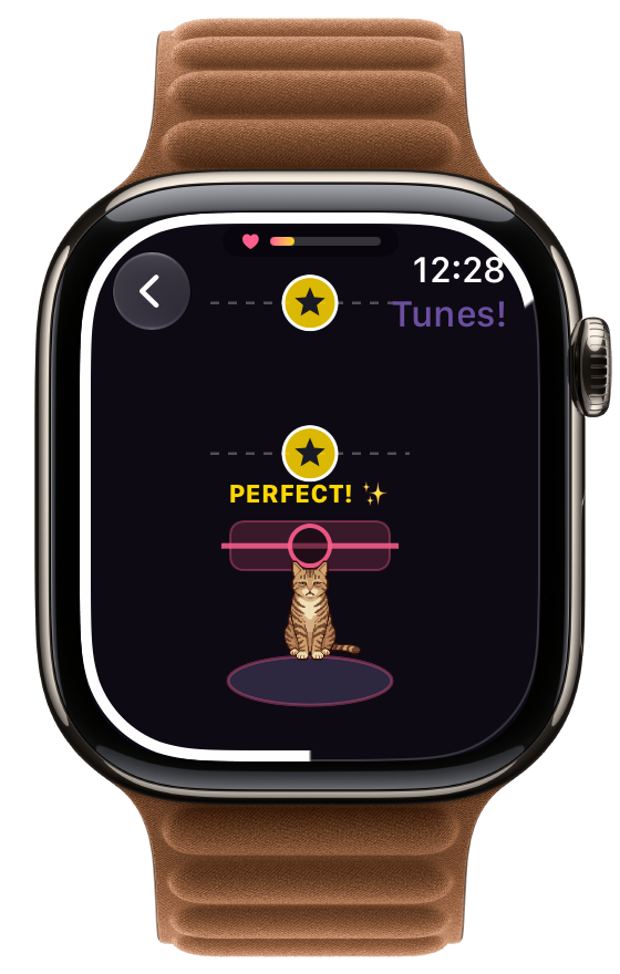 Besti Tunes Fever, golden star notes falling toward the line