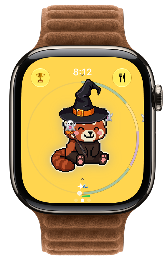 Red Panda: Witch Hat, Pumpkin Wand and Spooky Drift together on Apple Watch
