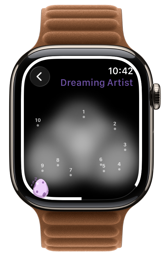 Dreaming Artist gameplay on Apple Watch, mid-trace through numbered dots forming a cactus outline