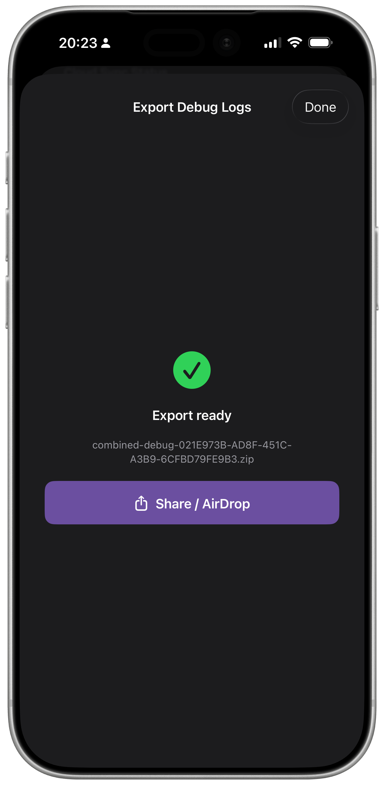 WatchieBesti export screen showing a combined debug zip ready to share