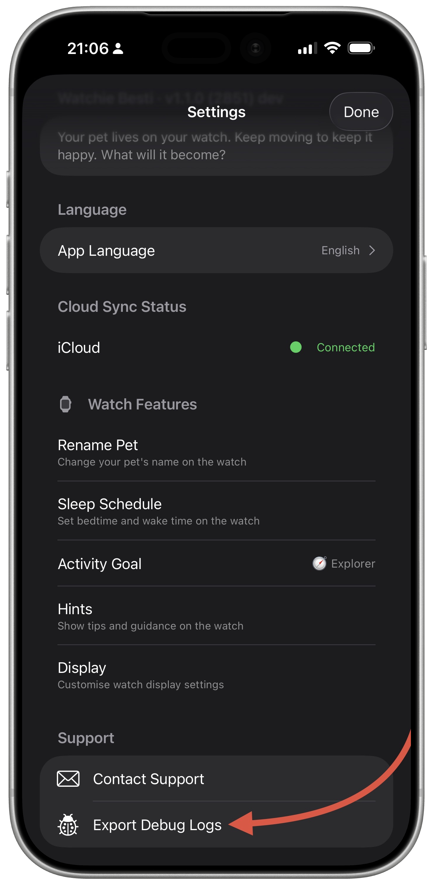 WatchieBesti iPhone settings screen showing the Export Debug Logs button