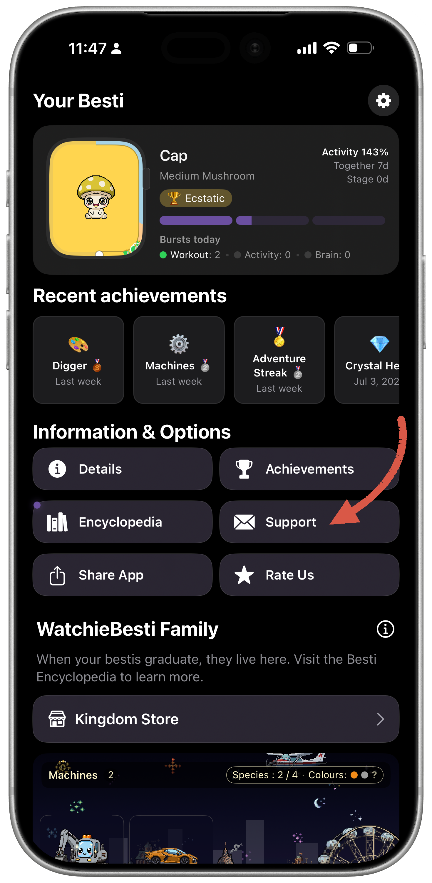WatchieBesti iPhone home screen showing the Support button under Information & Options