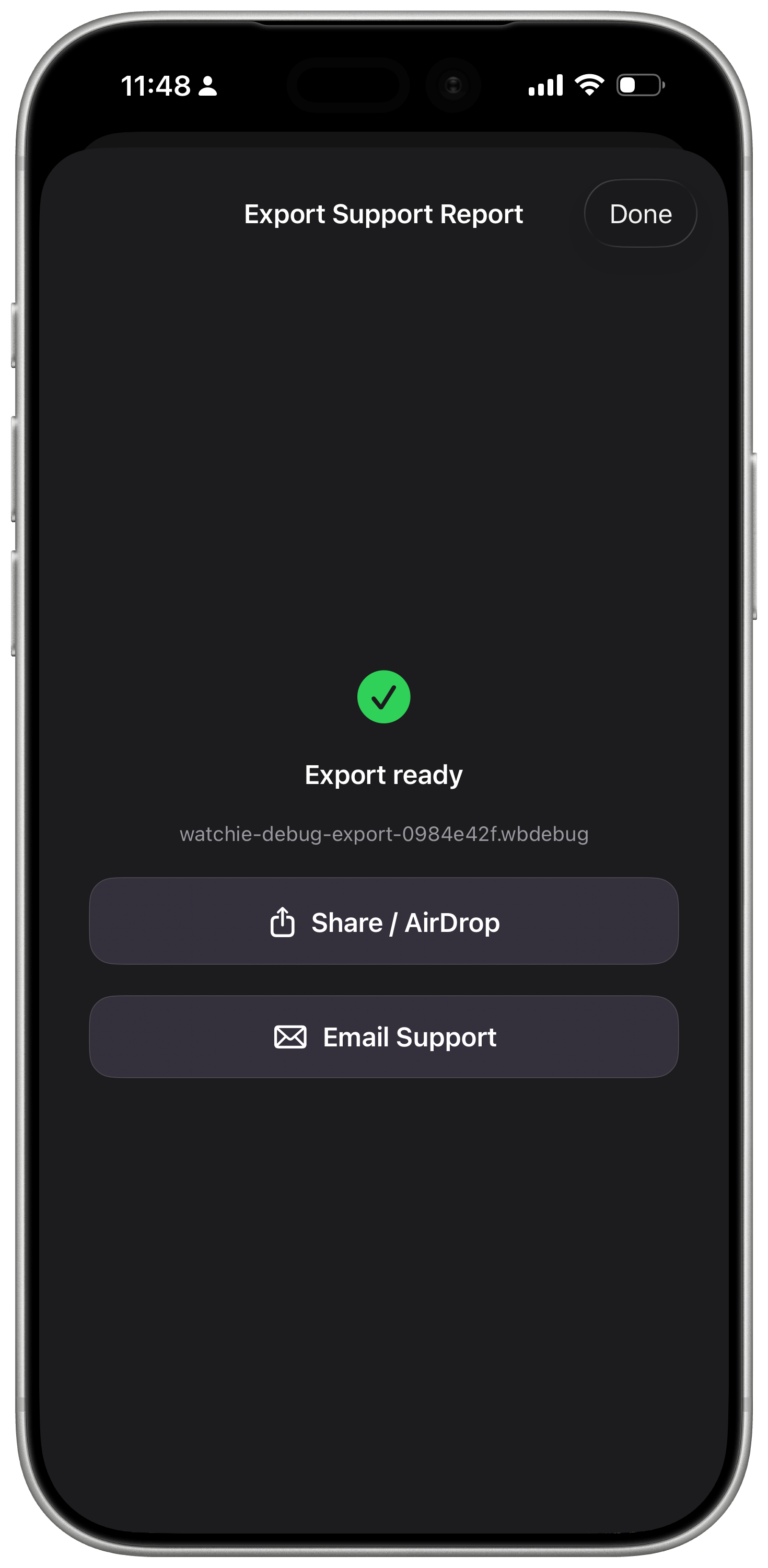 WatchieBesti Export Support Report screen showing the exported file ready to share or email