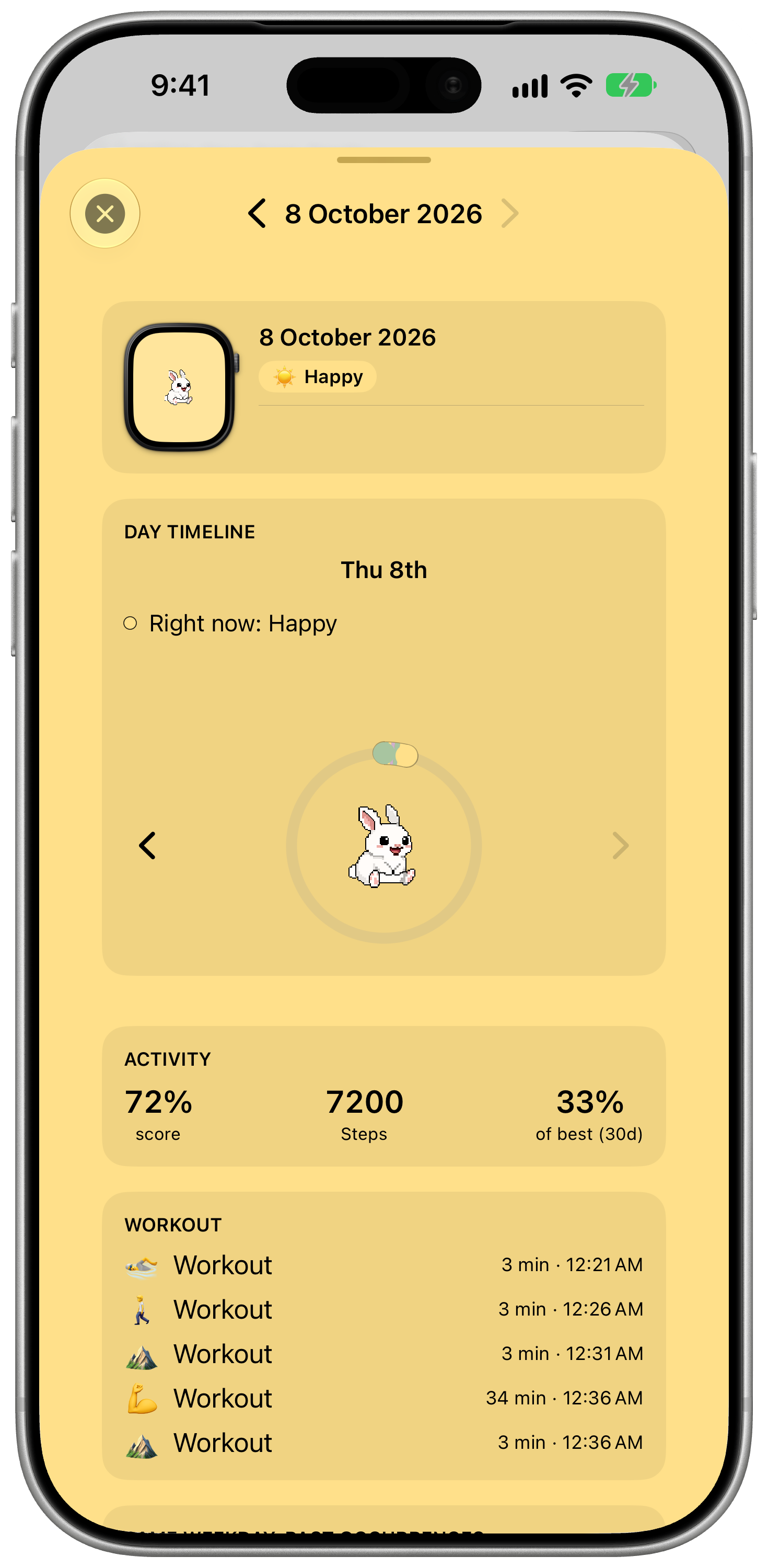 A day in WatchieBesti on iPhone: the pet's mood, its day timeline ring, the day's steps and workouts