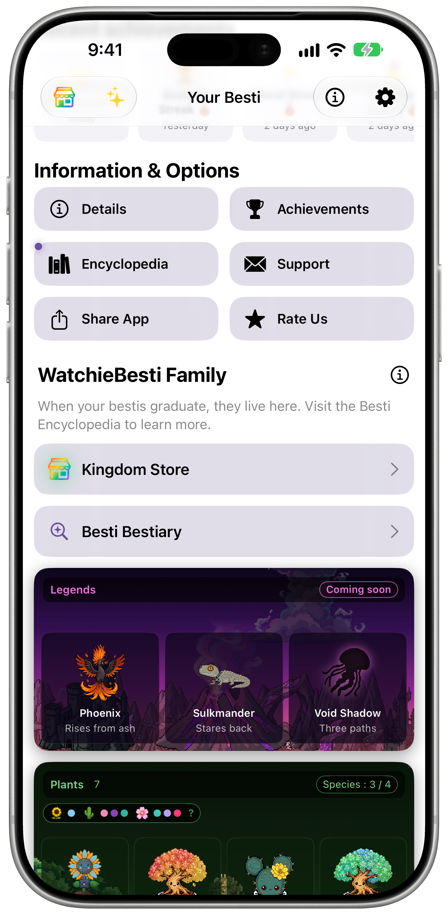 WatchieBesti on iPhone: WatchieBesti Family with the Kingdom Store and Besti Bestiary buttons