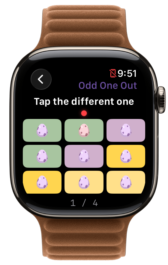 Odd One Out on Apple Watch, a 3x3 grid of egg tiles in different colours with one red-pipped miss remaining
