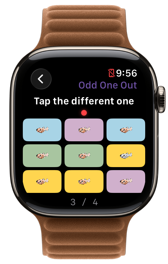 Odd One Out on Apple Watch, a grid of fish-pet tiles on different coloured backgrounds