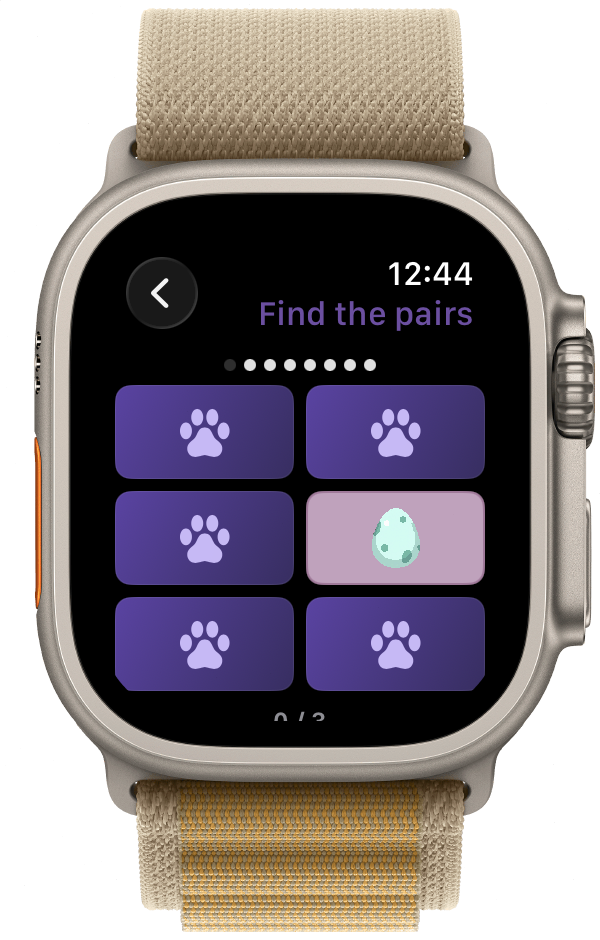 Pair Match gameplay on Apple Watch, showing the Find the Pairs grid before any tiles are matched