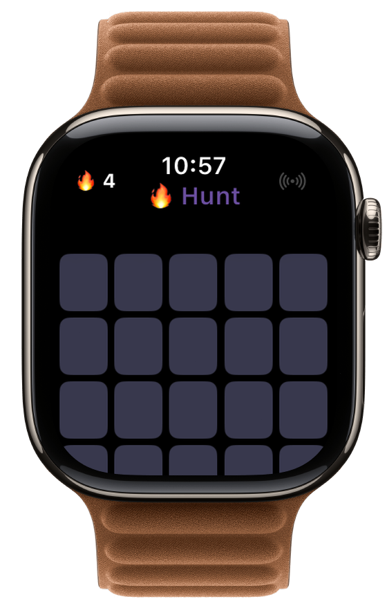 Ember Hunt gameplay on Apple Watch, showing an empty grid at the start of a round