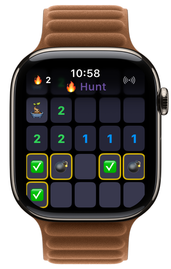 Ember Hunt gameplay showing radar-scanned tiles marked safe with green checks or flagged as flames with a bomb icon