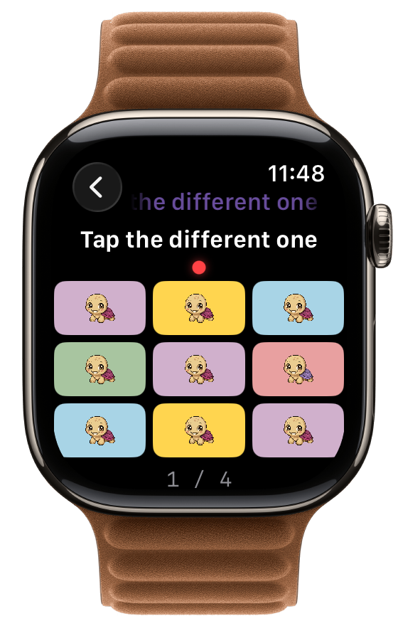 Spot School Pet board showing nine tiles with the same sprite on different mood-coloured backgrounds
