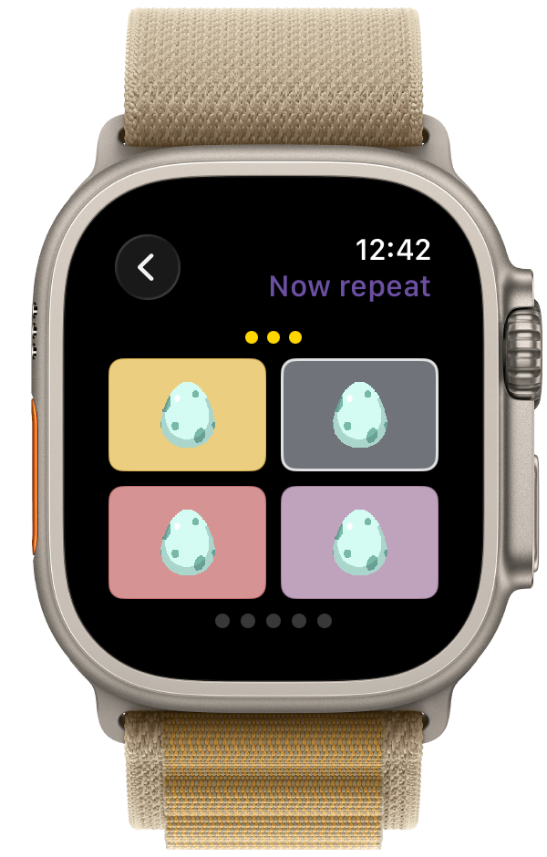 Sprite Sequence gameplay on Apple Watch during the repeat phase, tapping tiles back in order
