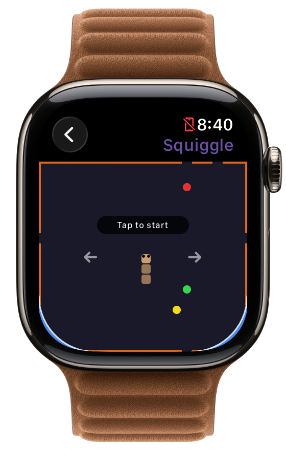 Squiggle ready screen on Apple Watch, showing the tap-left/tap-right turn zones and best length