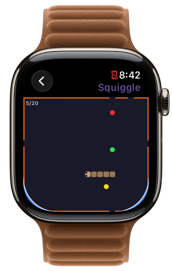 Squiggle mid-round on Apple Watch, length counter reading 5 of 20 with green, red, and yellow pills on the board