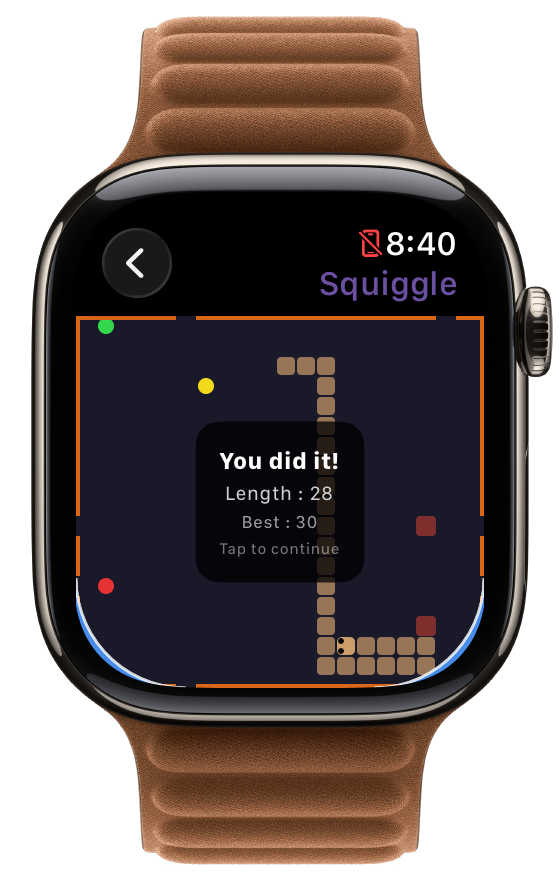 Squiggle result screen on Apple Watch reading You did it, with final length and best length
