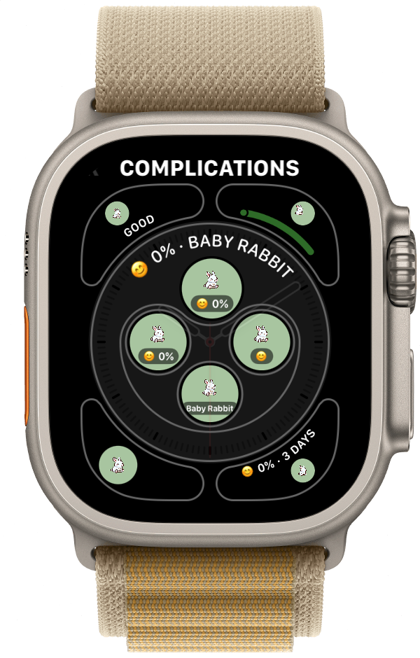 Apple Watch face with every complication slot filled by WatchieBesti, showing mood, activity, and streak