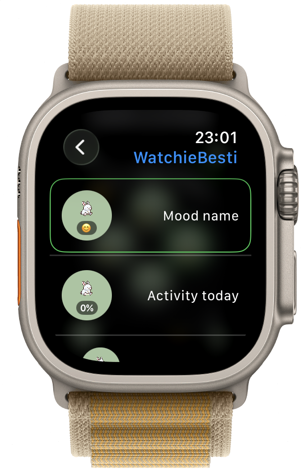 WatchieBesti complication chooser showing Mood name and Activity today options