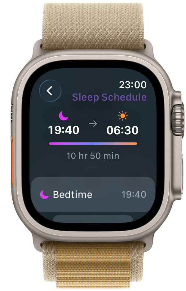 Apple Watch showing the Sleep Schedule overview with bedtime 19:40 and wake time 06:30
