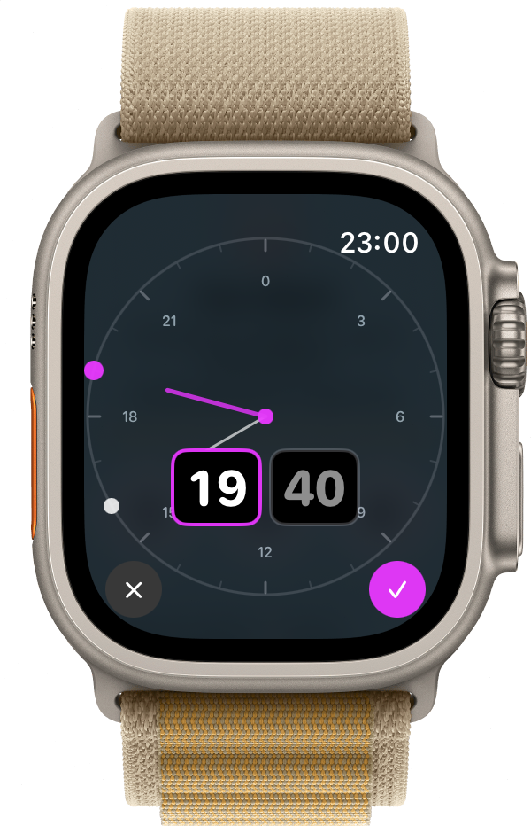 Apple Watch bedtime picker, dial set to 19:40