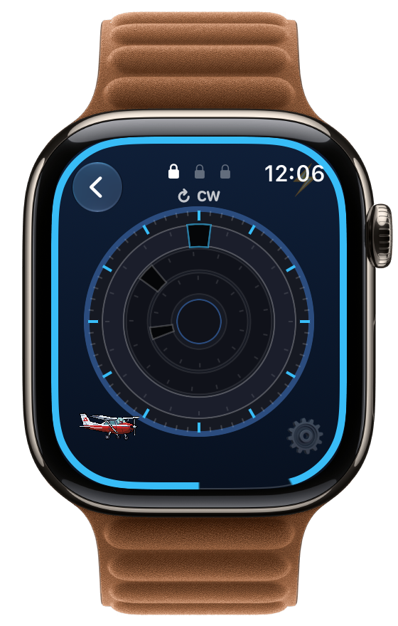 Treasure Tumbler on Apple Watch, the outer tumbler ring turning clockwise with all three pins still locked