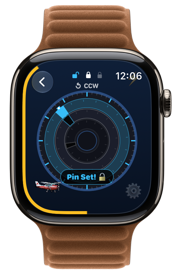 Treasure Tumbler showing Pin Set! with the first pin unlocked and the next ring turning counter-clockwise