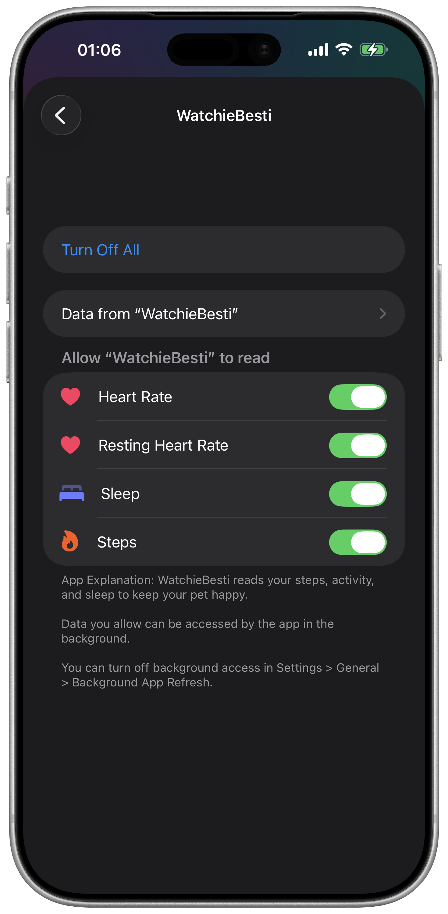 iPhone Health app showing WatchieBesti permissions with Heart Rate, Sleep and Steps enabled