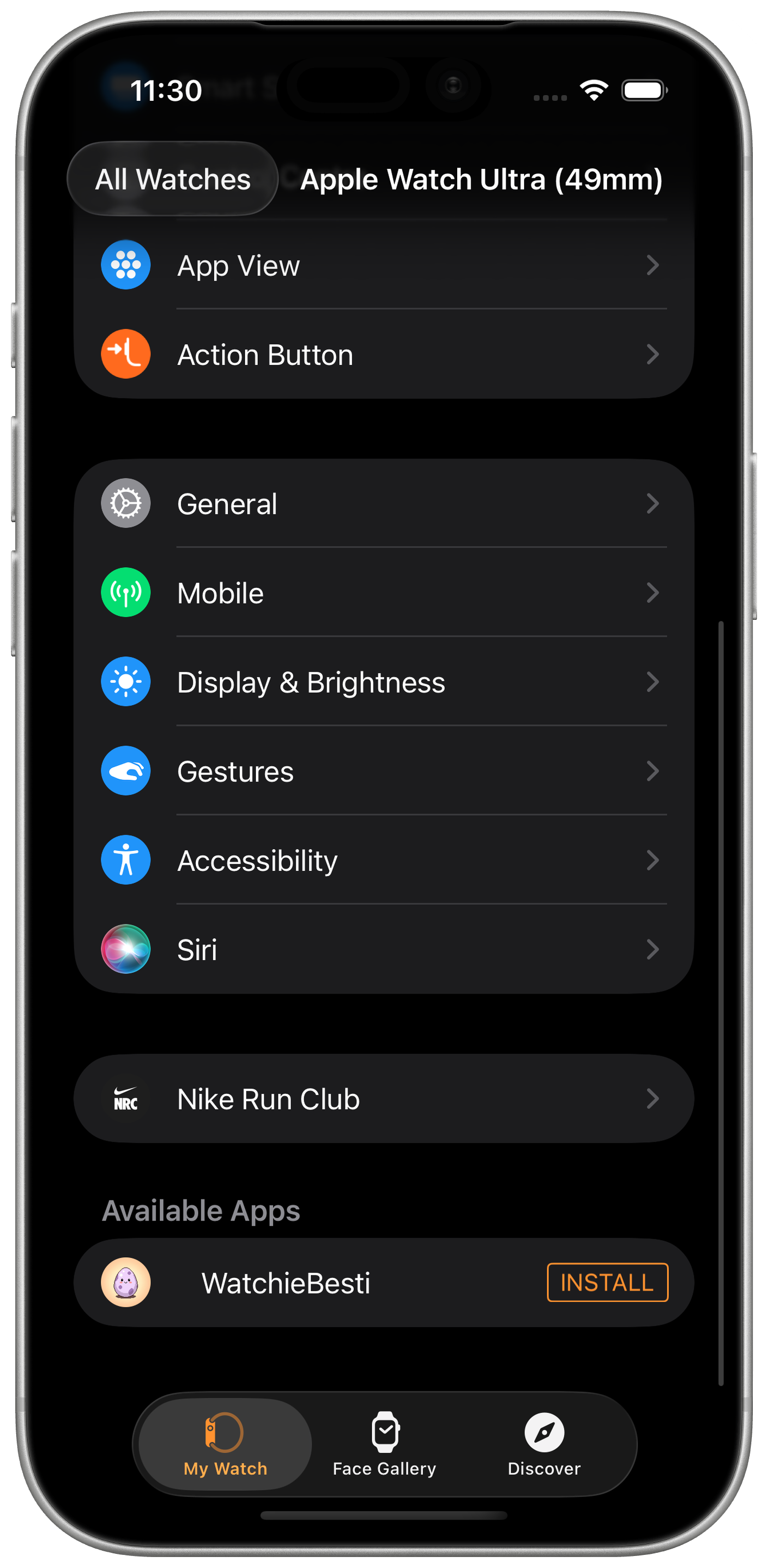 iPhone Watch app showing WatchieBesti in the Available Apps list with an Install button