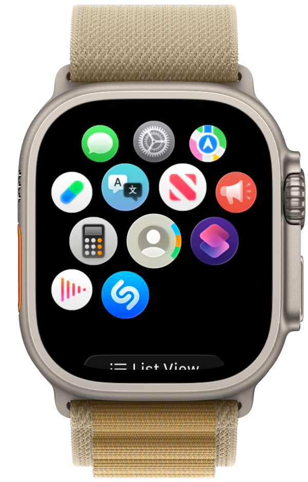 Apple Watch app grid with the Settings gear icon visible