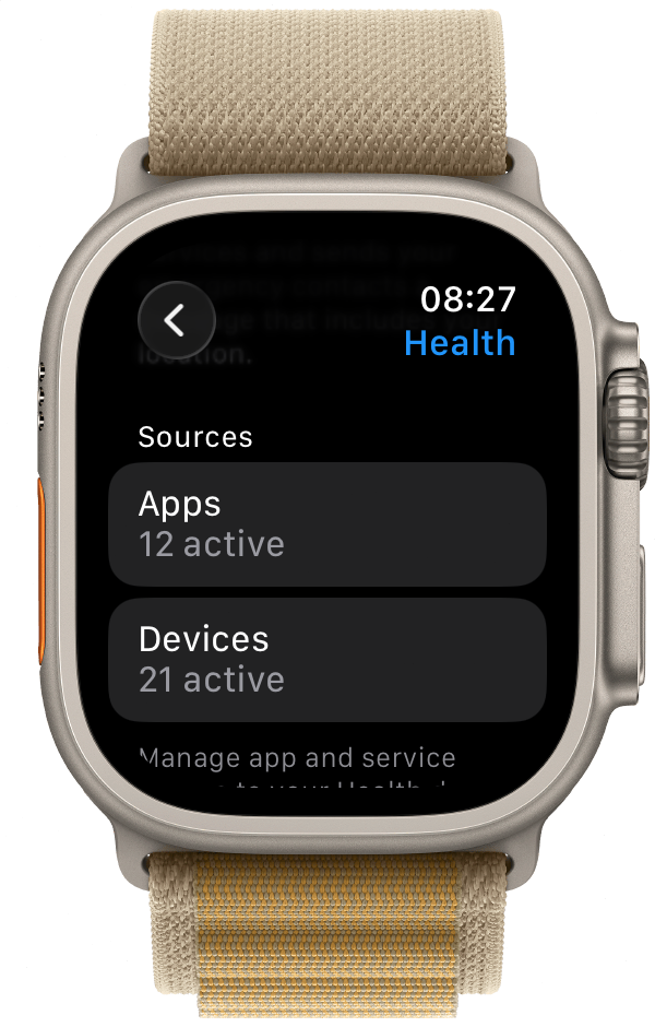 Apple Watch Health settings showing Sources with Apps and Devices