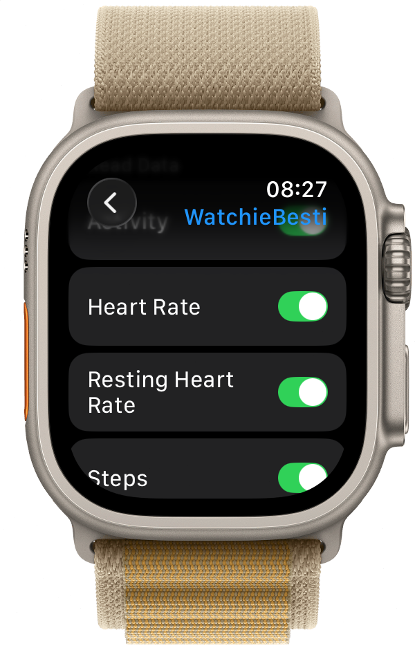 Apple Watch WatchieBesti permission toggles for Heart Rate, Resting Heart Rate and Steps, all enabled