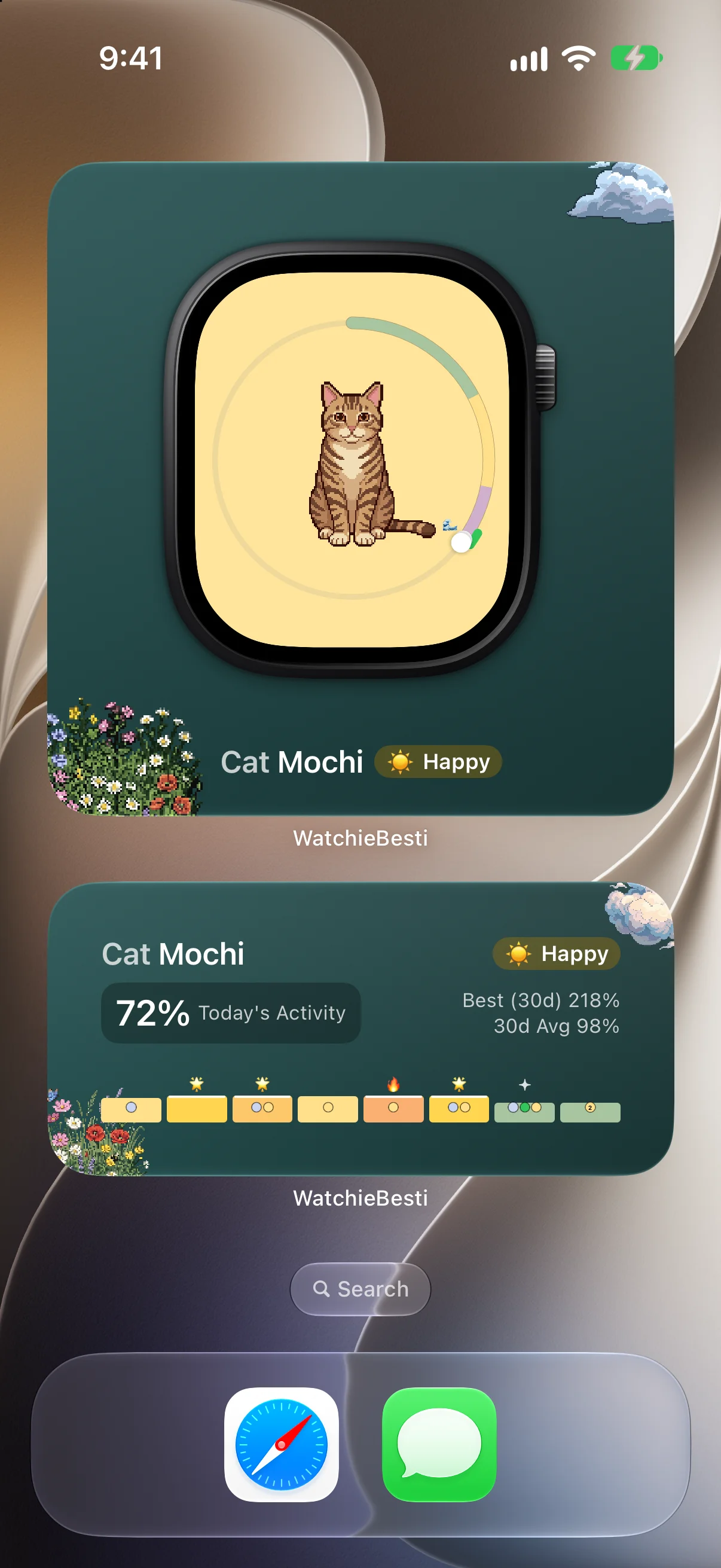 iPhone Home Screen with a large Pet Desk Toy widget and a medium Pet Stats widget for a cat named Mochi