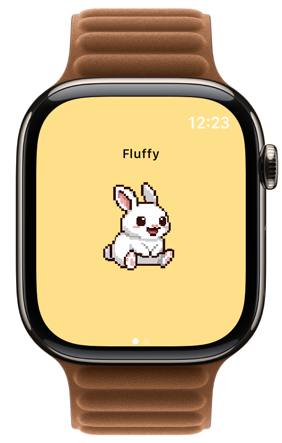 Apple Watch showing happy pet on a sunny yellow background