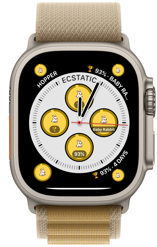 Apple Watch face showing multiple WatchieBesti complications — mood, activity percentage, pet name, and streak