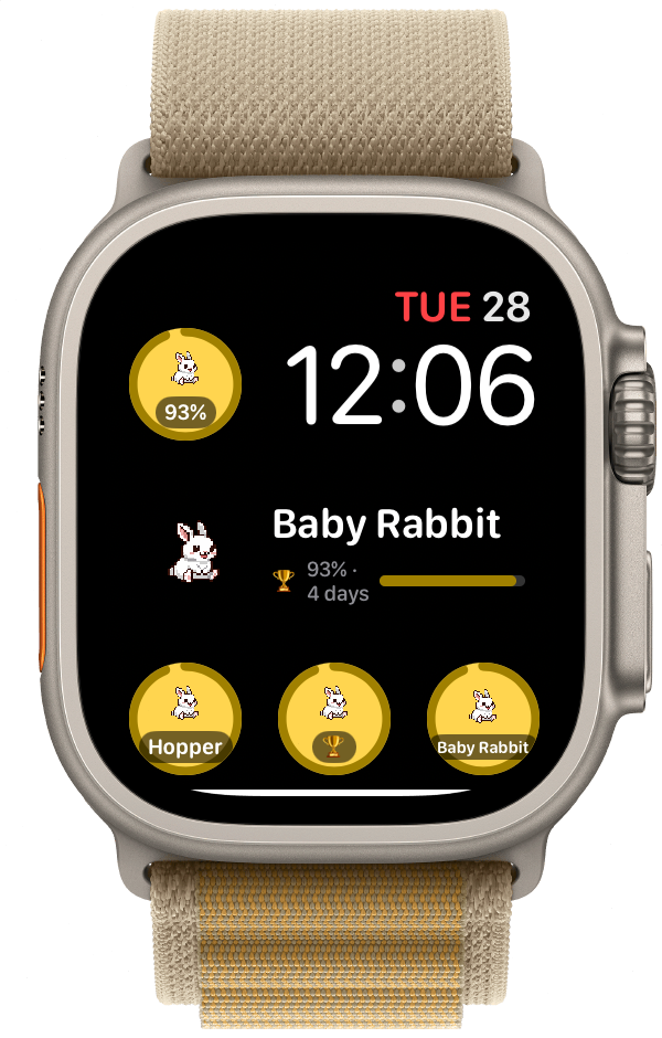 Apple Watch face showing WatchieBesti complication with pet name and mood on a compact layout