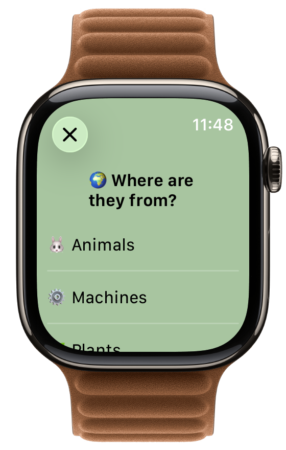 Apple Watch showing kingdom selection — Animals, Vehicles, and Plants