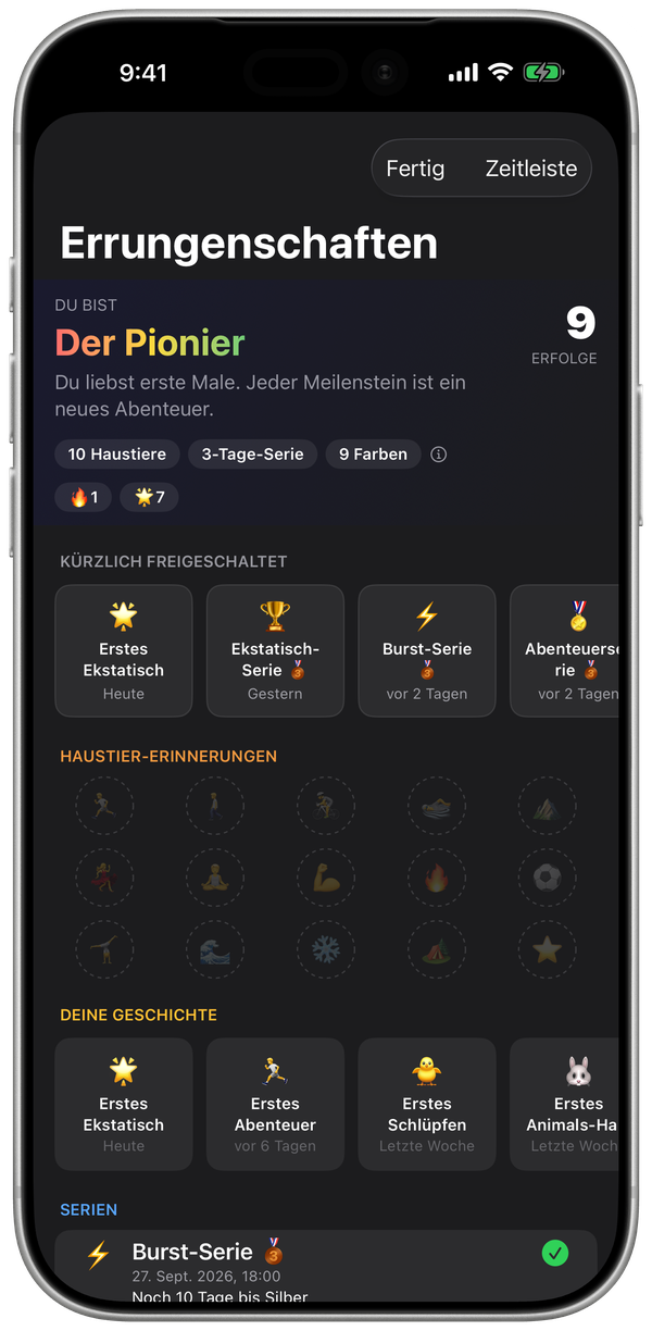 WatchieBesti-Errungenschaften auf dem iPhone mit frisch freigeschalteten Medaillen und deiner Geschichte
