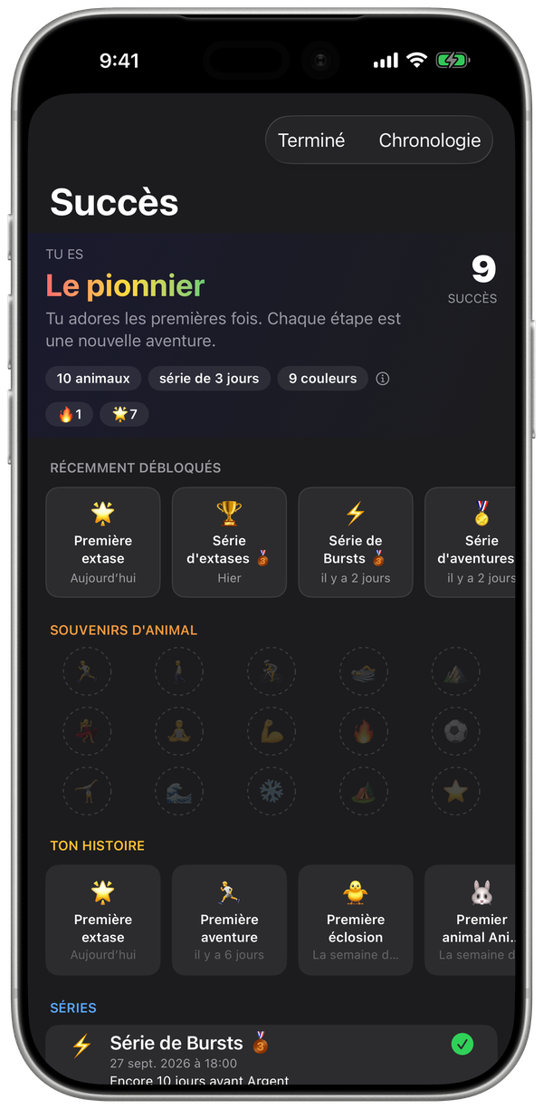 Les succès WatchieBesti sur iPhone, avec les médailles débloquées récemment et ton histoire