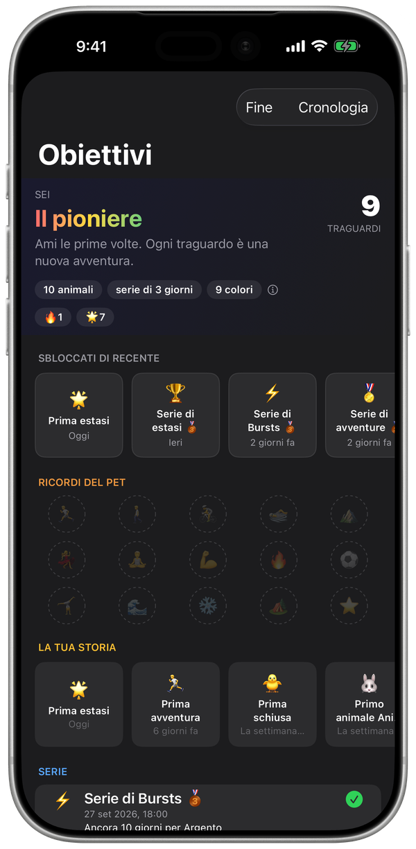 Gli obiettivi di WatchieBesti su iPhone, con le medaglie appena sbloccate e la tua storia