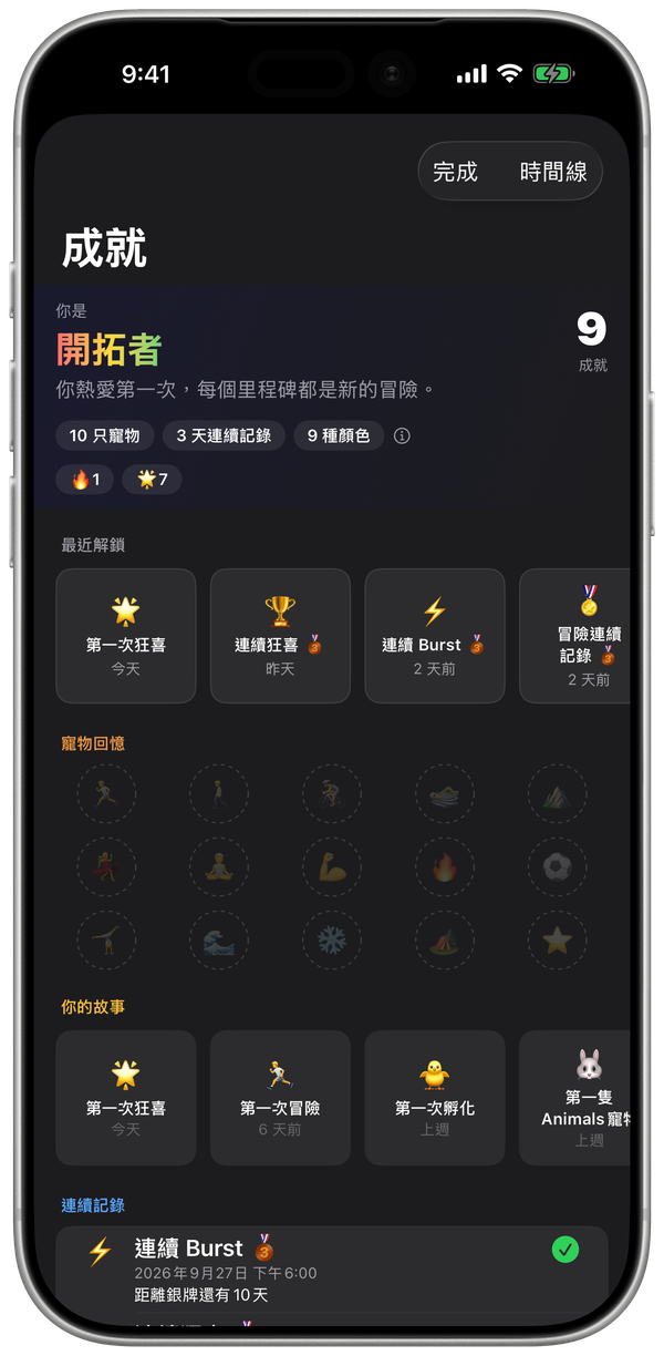 iPhone 上的 WatchieBesti 成就頁,有剛解鎖的獎章和你的故事