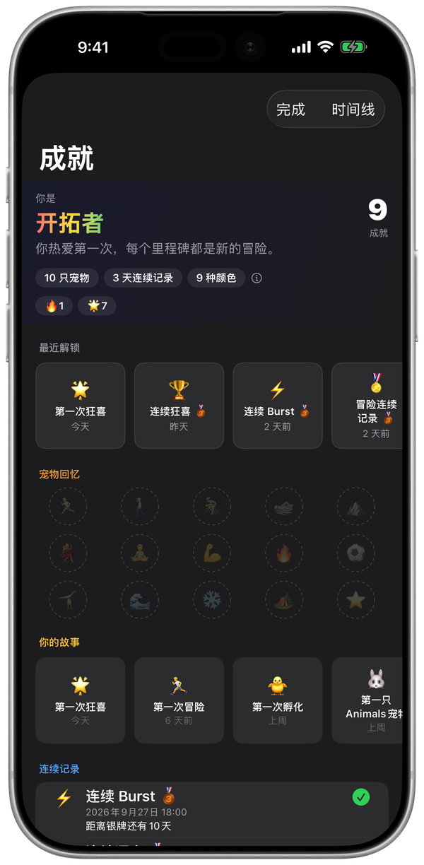 iPhone 上的 WatchieBesti 成就页,有刚解锁的奖章和你的故事