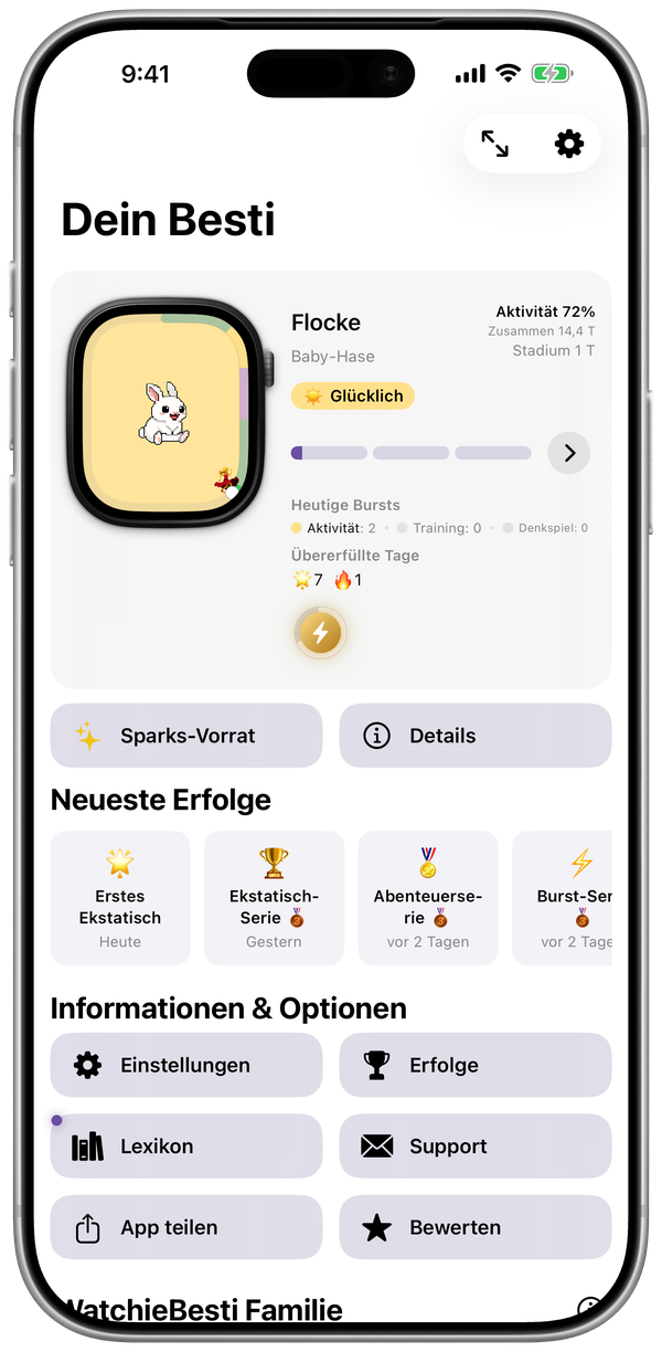 Startbildschirm der WatchieBesti-iPhone-App mit Stimmung und Wachstum deines Pets und den heutigen Bursts