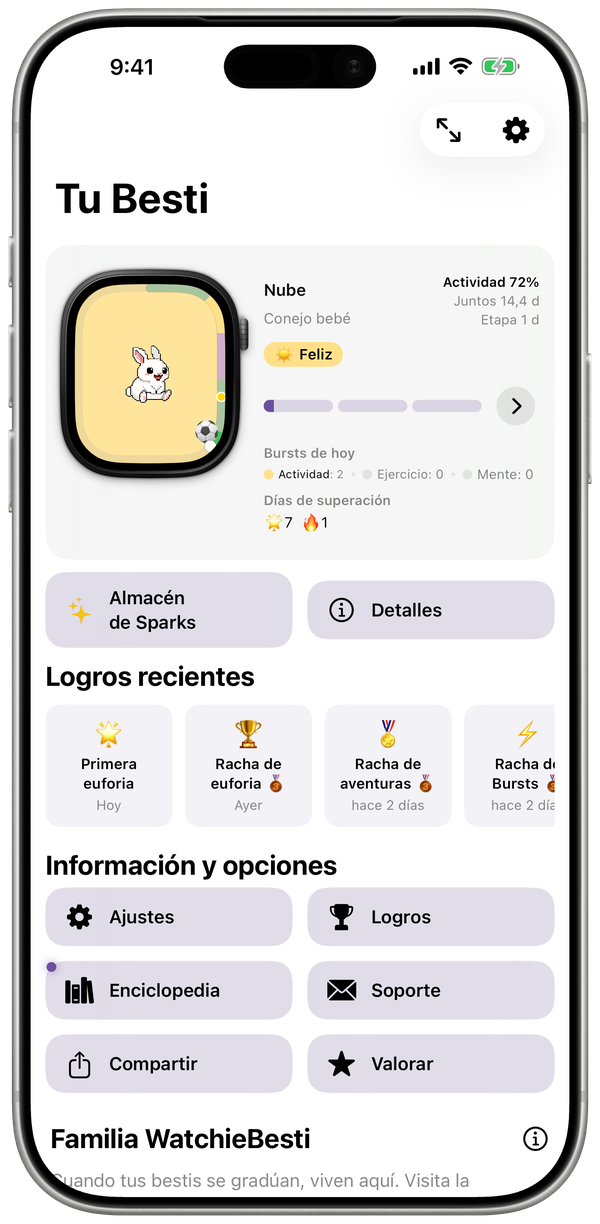 Pantalla de inicio de la app WatchieBesti para iPhone con el ánimo y el crecimiento de tu pet y los Bursts de hoy