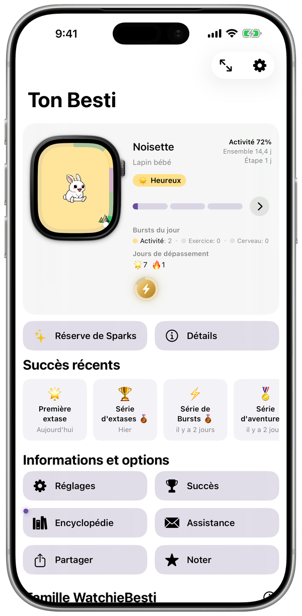 Écran d'accueil de l'app WatchieBesti sur iPhone avec l'humeur et la croissance de ton animal et les Bursts du jour
