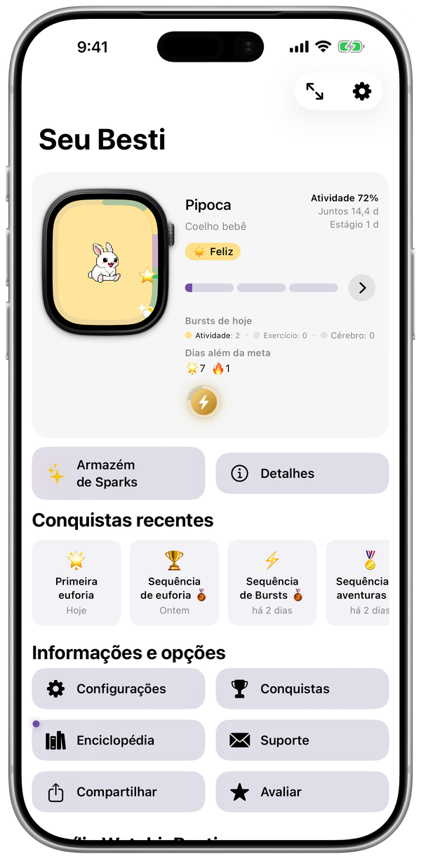 Tela inicial do app WatchieBesti no iPhone com o humor e o crescimento do seu pet e os Bursts de hoje