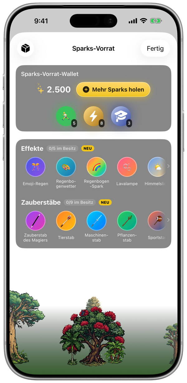 Der WatchieBesti Sparks-Vorrat auf dem iPhone mit Sparks-Guthaben, Welteffekten und Zauberstäben